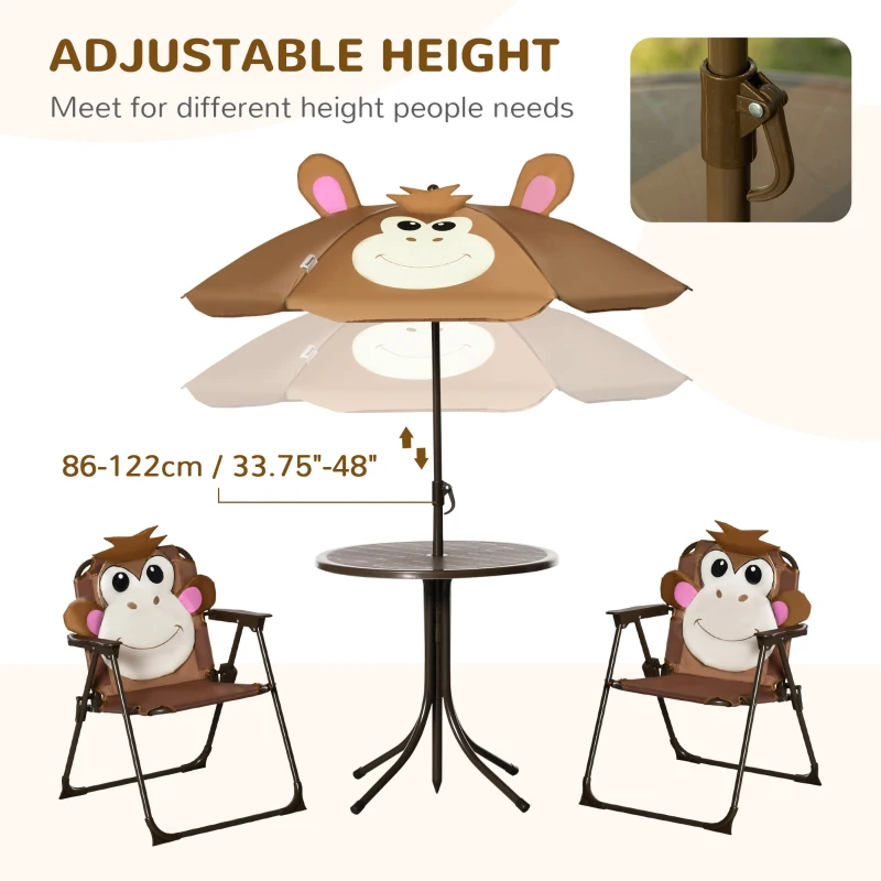 Outsunny Kids Table and Chair Set, Outdoor Folding Garden Furniture, Picnic Table for Patio Backyard, with Removable & Height Adjustable Sun Umbrella, Aged 3-6 Years Old, Brown