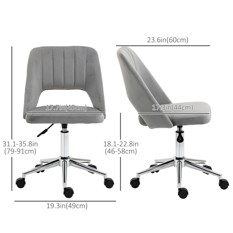 Vinsetto Mid Back Office Chair Velvet Fabric Swivel Scallop Shape Computer Desk Chair, Grey