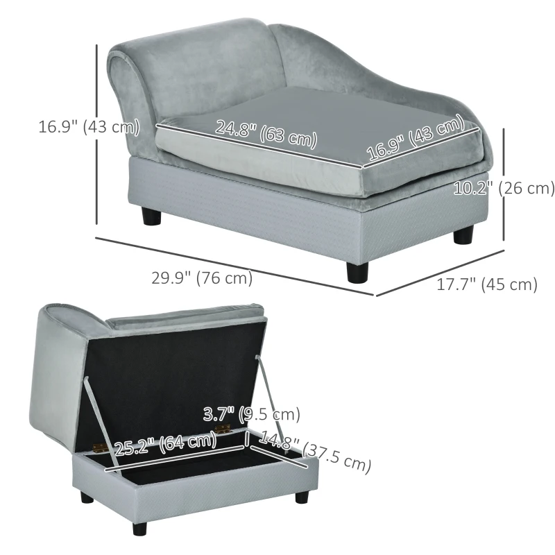 PawHut Pet Sofa Dog Couch Chaise Lounge Pet Bed with Storage Function Small Sized Dog Various Cat Sponge Cushioned Bed Lounge, Light Grey