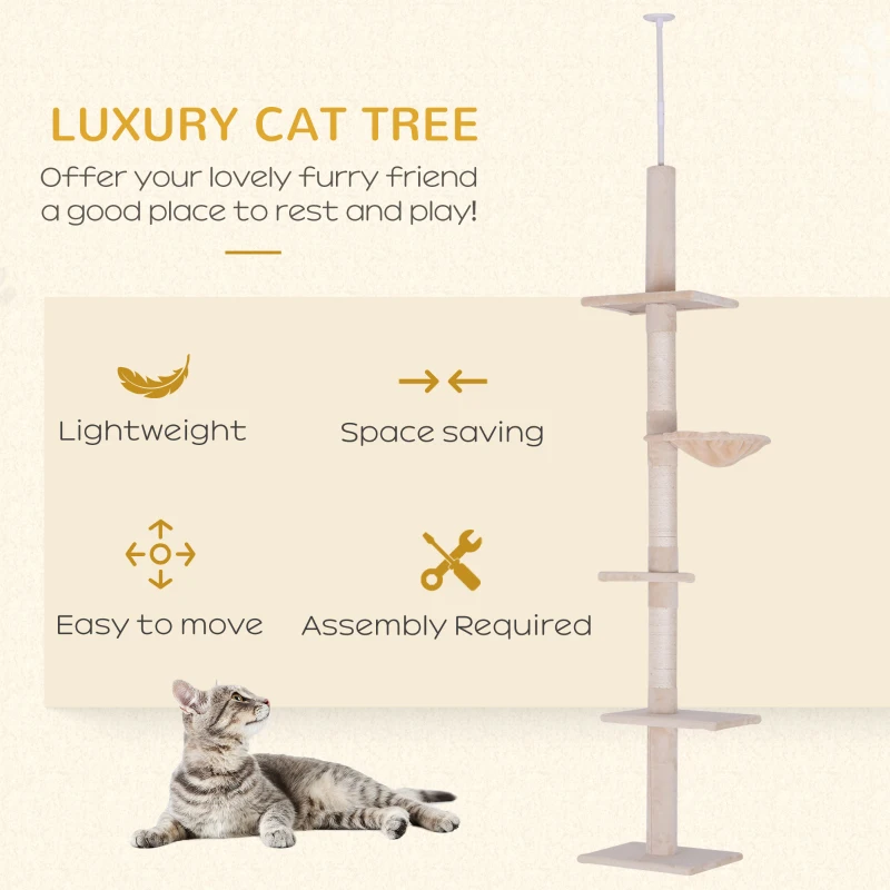 PawHut 8.5ft Cat Climbing Tree 5-Tier Kitty Activity Center with Scratching Post Beige