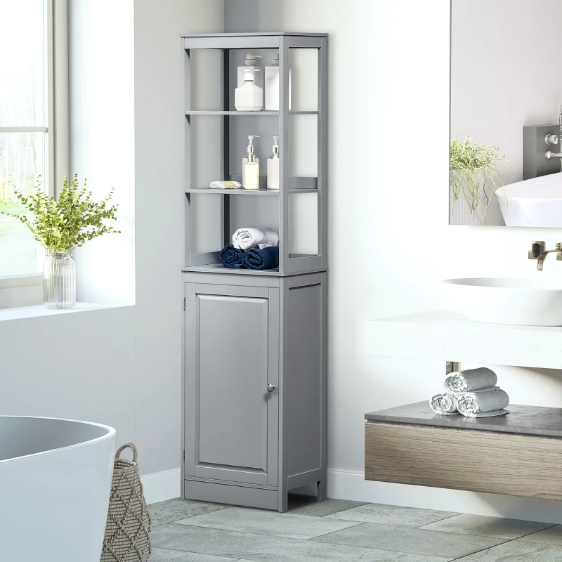 kleankin Tall Bathroom Storage Cabinet, Freestanding Linen Tower with 3-Tier Open Shelf and Door, Slim Floor Organizer, Grey