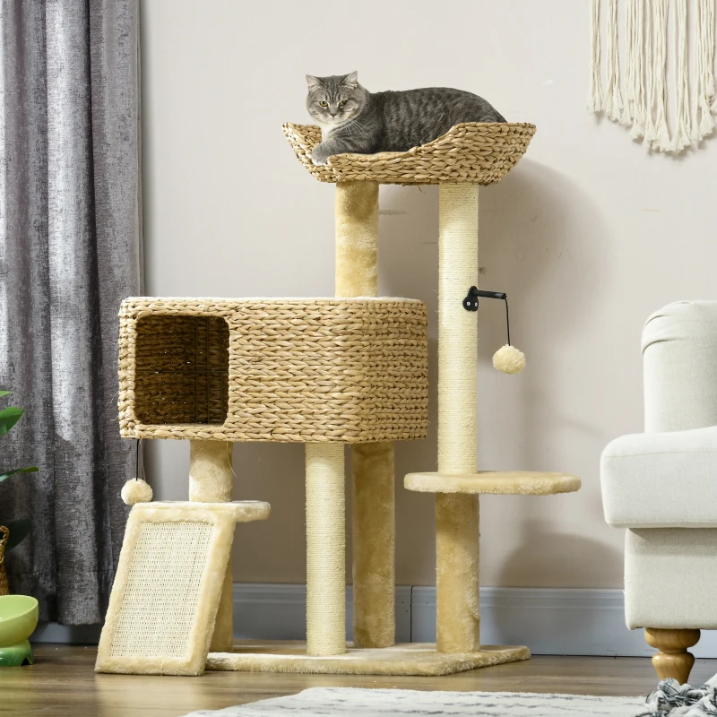 PawHut Cat Tree for Indoor Cats w/ Scratching Posts, Condo Cat Tower, Beige