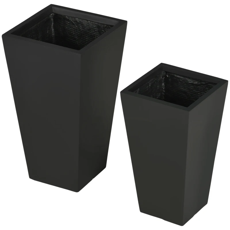 Outsunny Set of 2 Tall Planters with Drainage Holes, 22" / 18" Outdoor Flower Pots for Patio, Yard, Garden, Black