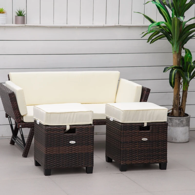 Outsunny 2 PCS Patio Wicker Ottoman Set, Two Square Outdoor PE Rattan Footrest with Removable Cushion, Freely Combined Furniture w/ Handle for Backyard, Garden, Poolside, Beige
