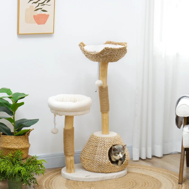 PawHut 41" Cat Tree for Indoor Cats with Wooden Cat Scratching Posts, Cat Condo, Cat Beds & Toy Balls, Cream White