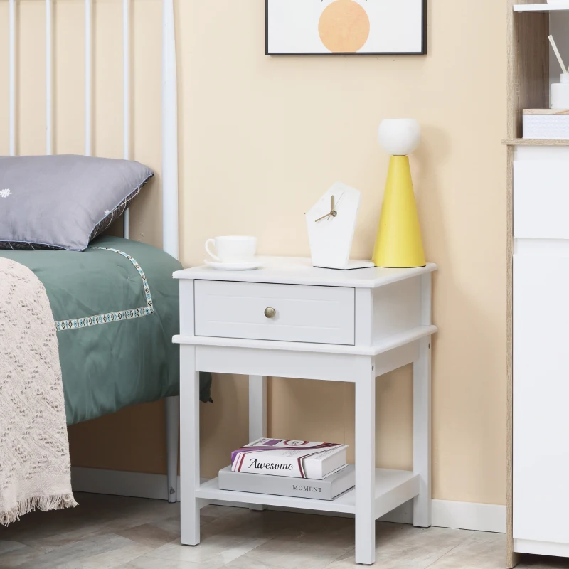 HOMCOM Modern Nightstand, Accent End Side Table with Drawer and Storage Shelf, Bedside Table for Bedroom, White