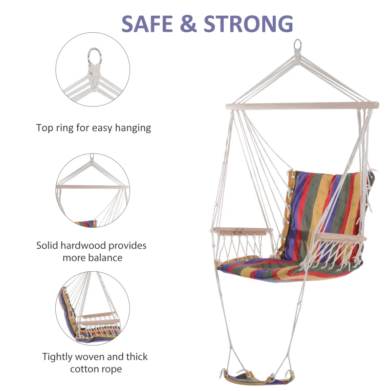 Outsunny Patio Hammock Chair, Portable Hanging Cotton Rope Hammock Swing Chair Sleeping Bed Seat with Footrest for Outdoor Garden Yard Camping Red