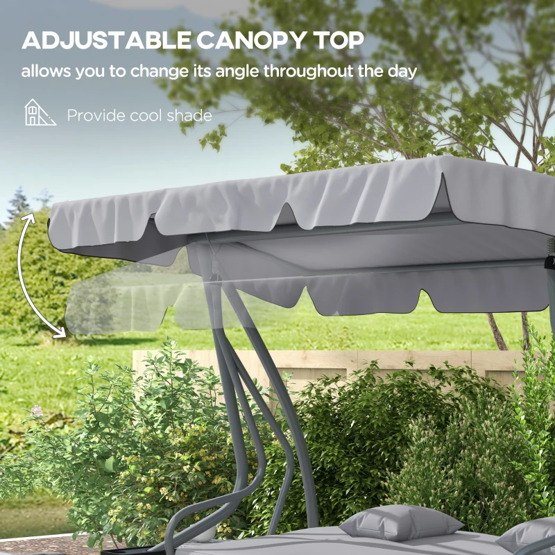 Outsunny Outdoor 3-Seater Patio Swing Chair, Outdoor Swing Seat, with Adjustable Canopy and Two Pillows for Garden, Light Grey