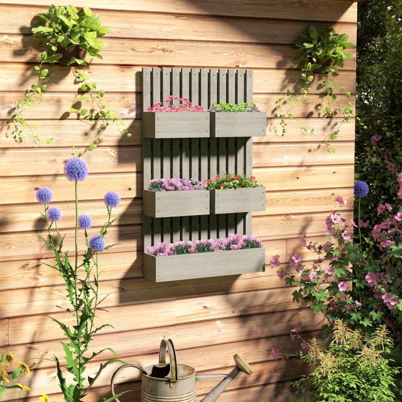Outsunny 5 Box Raised Garden Bed w/ Trellis for Climbing Plants, Wall-Mounted Wood Planters w/ Drainage Holes, Gray