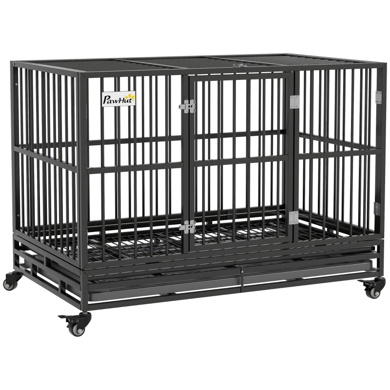 PawHut 48" Heavy Duty Dog Crate Metal Cage Kennel with Lockable Wheels, Double Door and Removable Tray, gray