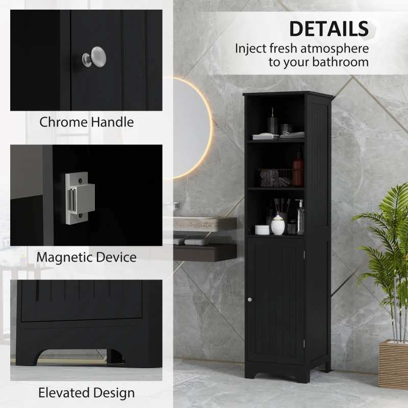 kleankin Tall Bathroom Storage Cabinet, Freestanding Tower Cabinet with Adjustable Shelf, 3 Open Shelves, Black