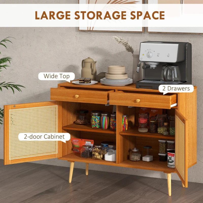 HOMCOM Kitchen Storage Cabinet, Garage Cabinets with 3 Rattan Doors and Adjustable Shelf, Boho Accent Cabinet for Living Room