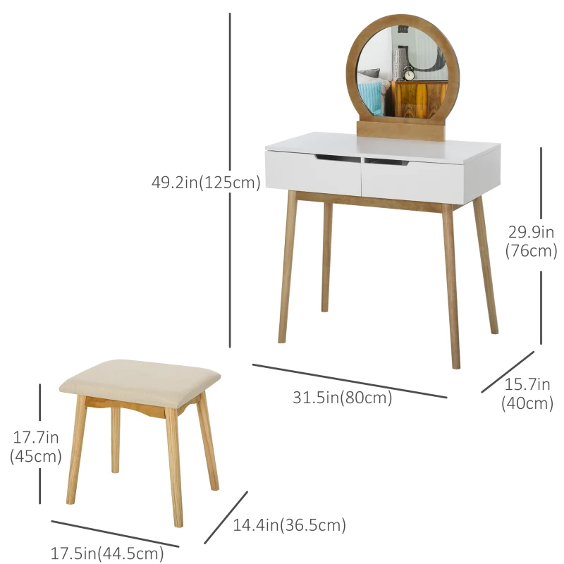HOMCOM Makeup Vanity Table with Round Mirror and 2 Drawers, Dressing Table with Cushioned Stool Set for Bedroom (Natural Wood)