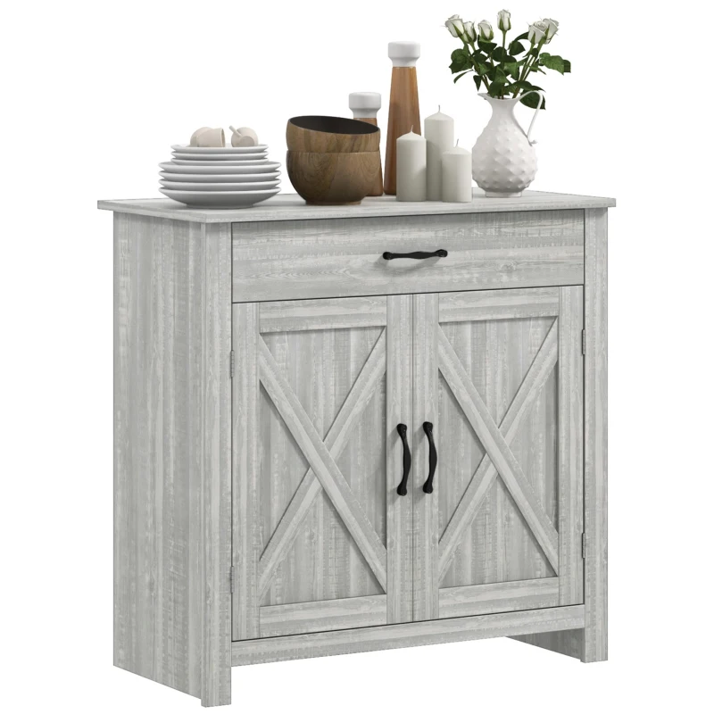 HOMCOM Farmhouse Sideboard Cabinet with Barn Doors Kitchen Buffet Cabinet with Drawer and Adjustable Shelf Stone Gray
