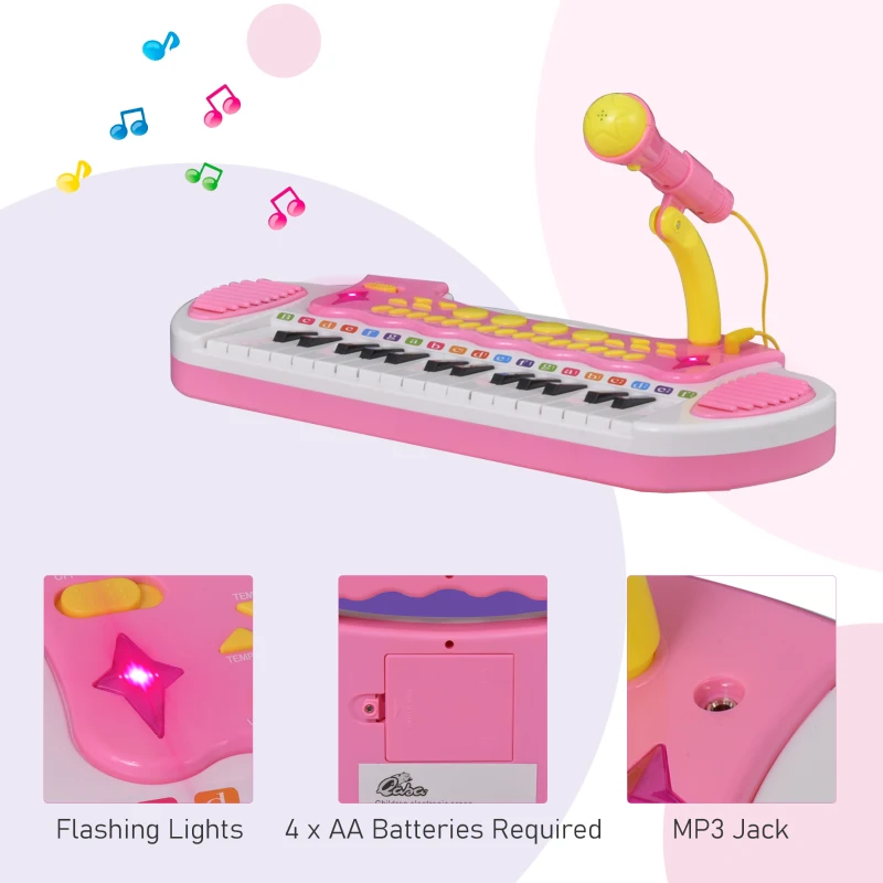 Qaba Kids Toy Keyboard Piano Toddler Electronic Instrument with Stool, Microphone and Bright Flashlight for Children Birth Gift, Pink