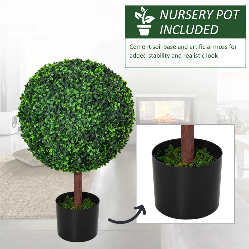 Outsunny 23.5" Artificial Boxwood Topiary Ball Tree, Fake Decorative Plant, Nursery Pot Included for Home, Balcony, Backyard and Garden, Set of 2, Green