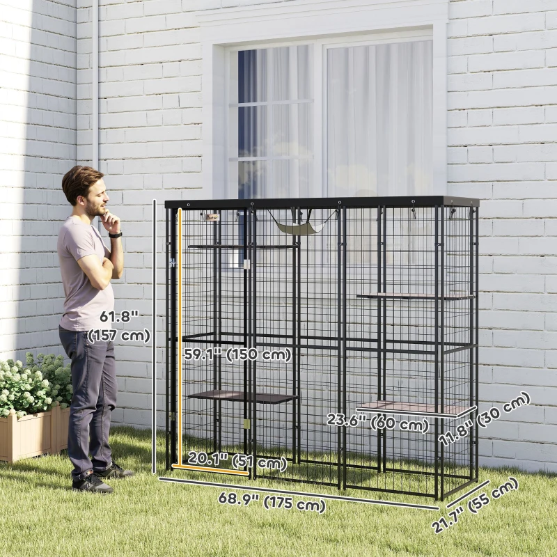 PawHut Weld Wire Catio Outdoor Indoor with Waterproof Cover, 4 Jumping Platforms, Hammock, 69" x 22" x 62", Black