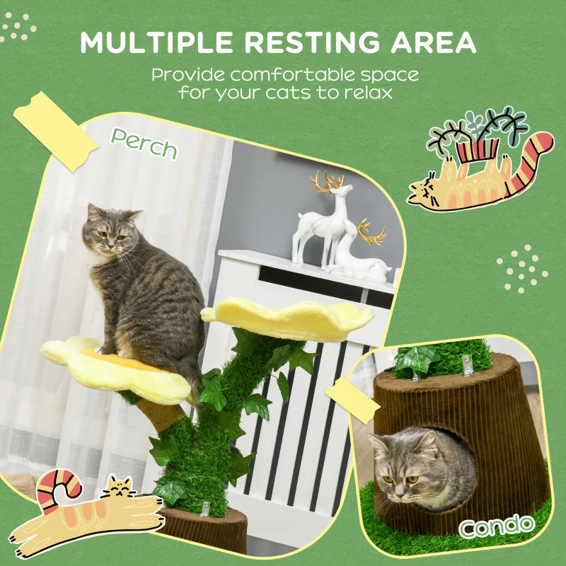 PawHut 18" Plush Cat Tree with Two Flower Platforms, Multi-Activity Centre Cat Tower with Jute Scratching Posts, Elevated Perches, Round Roomy Condo with Door, Green