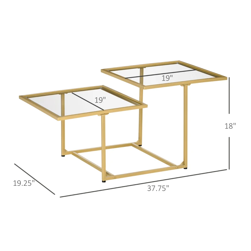 HOMCOM Coffee Table, Tempered Glass Coffee Table with 2 Square Tabletops, Modern Coffee Tables for Living Room, Bedroom, Gold