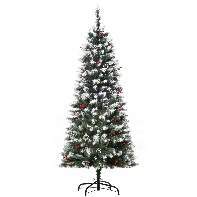 HOMCOM 5ft Decorated Christmas Tree with Red Berries and Pine Cones, Flocked Christmas Tree with Pencil Shape, Green