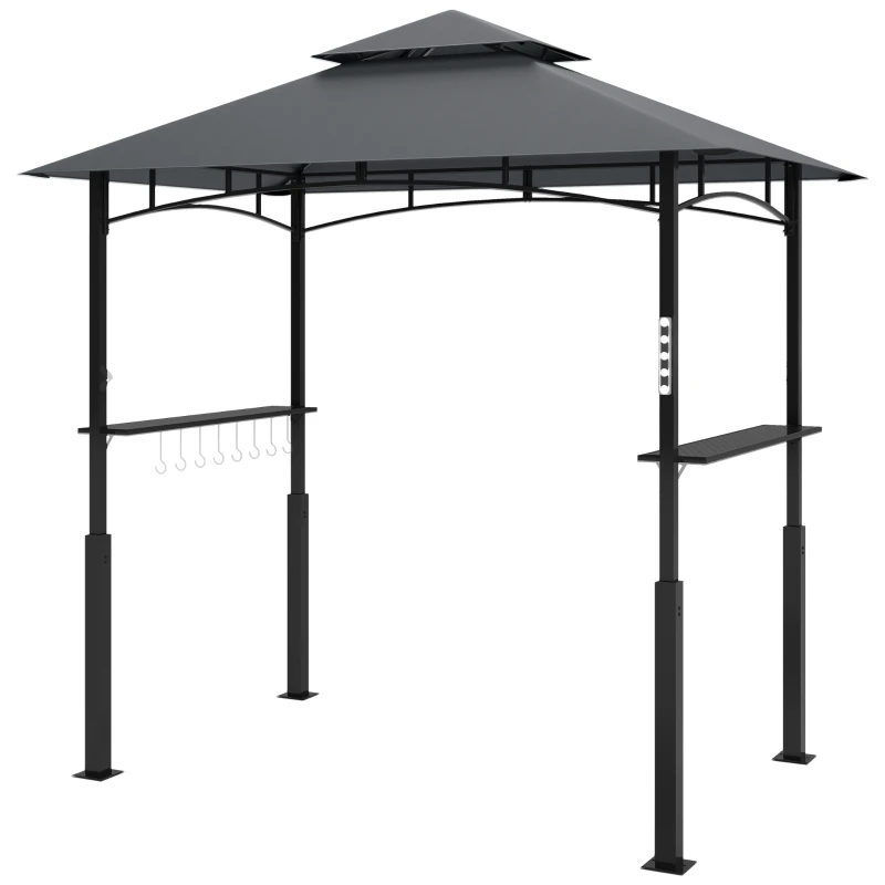 Outsunny 8' x 5' Grill Gazebo, Double Tiered BBQ Gazebo with LED Light, 2 Side Shelves, Hooks and Bottle Opener, Dark Grey