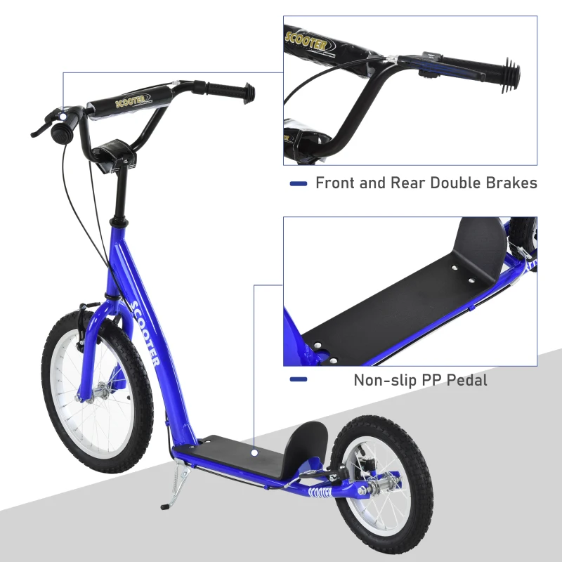 Aosom Youth Scooter Kick Scooter for Kids 5+ with Adjustable Handlebar 16" Front and 12" Rear Dual Brakes Inflatable Wheels, Blue