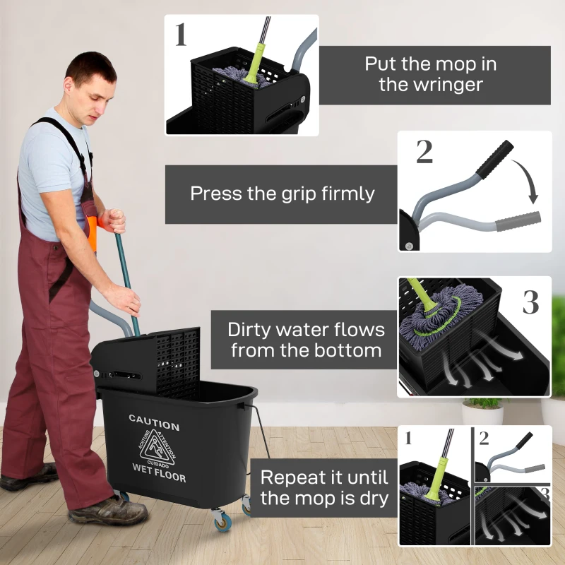 HOMCOM Compact Mop Bucket with Wringer, Mop Bucket on Wheels, 5 Gallon, Separate Dirty and Clean Water, Black