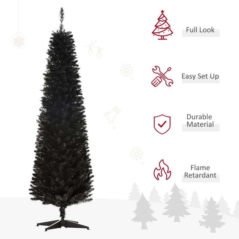HOMCOM 6 Pencil Christmas Tree, Slim Artificial Xmas Tree with Realistic Branches, Sturdy Metal Stand, Black