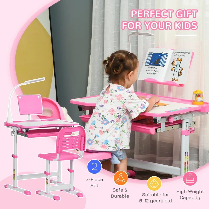 Qaba Kids Desk and Chair Set Height Adjustable Student Writing Desk Children School Study Table with Tilt Desktop, LED Lamp, Pen Box, Drawer, Reading Board, Cup Holder, Pink