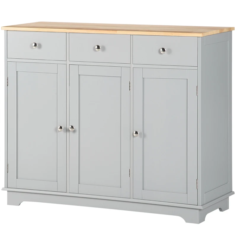 HOMCOM Kitchen Storage Cabinet, Sideboard Floor Cupboard with Solid Wood Top, Adjustable Shelf, and 3 Drawers, Gray