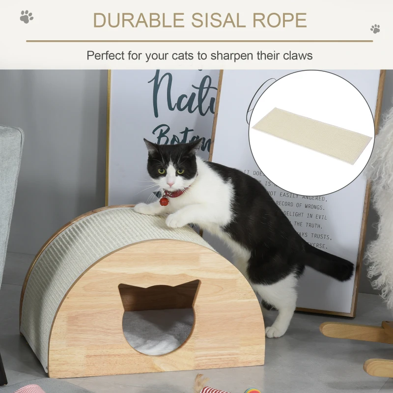 PawHut Wooden Cat House Kitten Condo with Cat-Shaped Entrance Sisal Scratching Carpet Soft Cushion, Natural