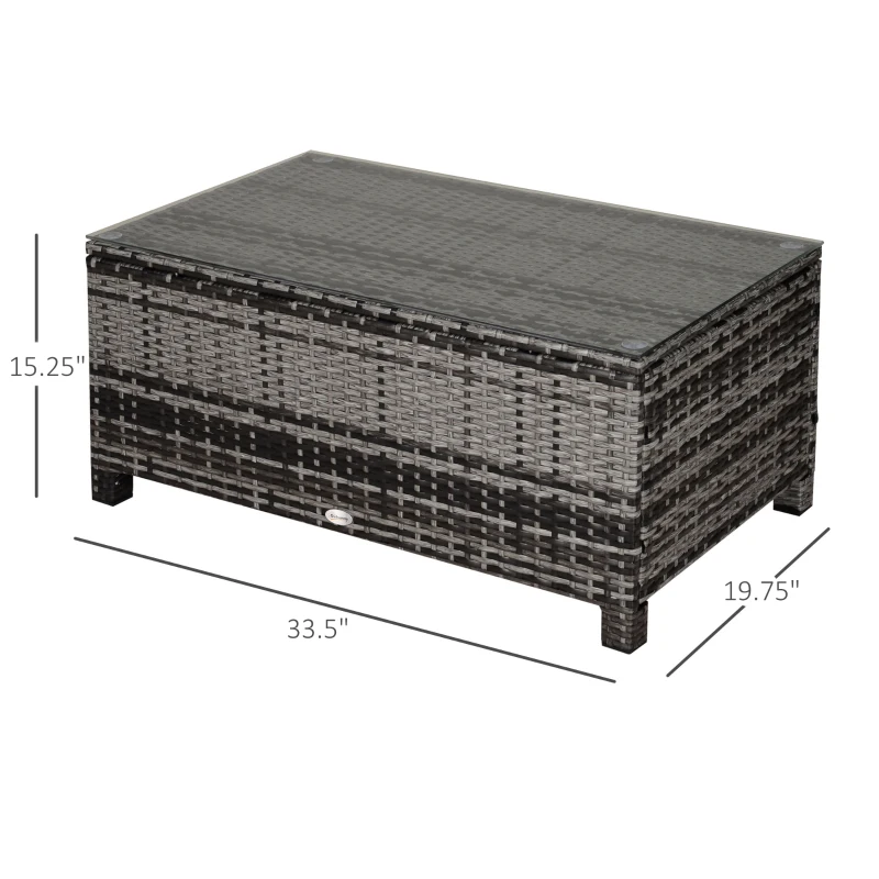 Outsunny Outdoor PE Rattan Wicker Table, Patio Garden Side Table w/Glass Top for Patio, Balcony, Mixed Grey