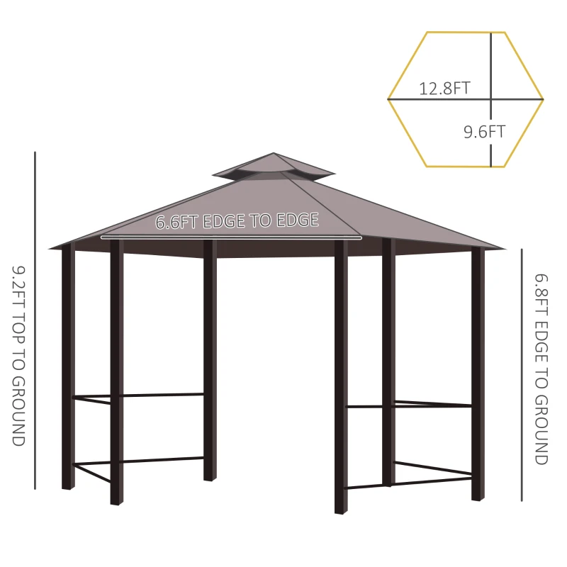 Outsunny 13' x 13' Patio Gazebo, Double Roof Hexagon Outdoor Gazebo Canopy Shelter with Netting & Curtains, Solid Steel Frame for Garden, Lawn, Backyard and Deck, Coffee