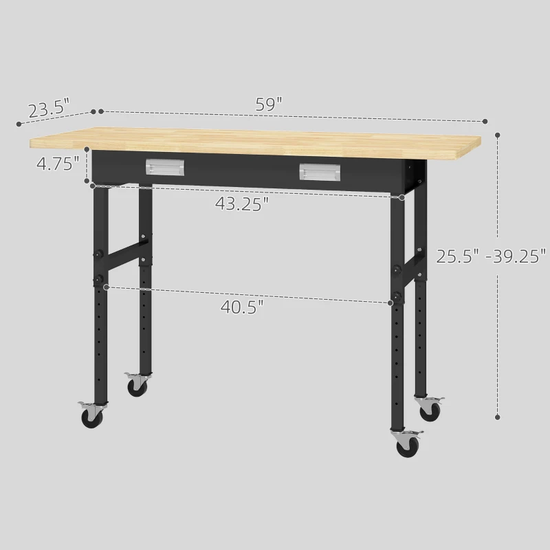 HOMCOM 59" Work Bench with Drawer, Height Adjustable Legs, Bamboo Tabletop Workstation Tool Table on Wheels for Garage, Weight Capacity 1320 Lbs, Black/Natural