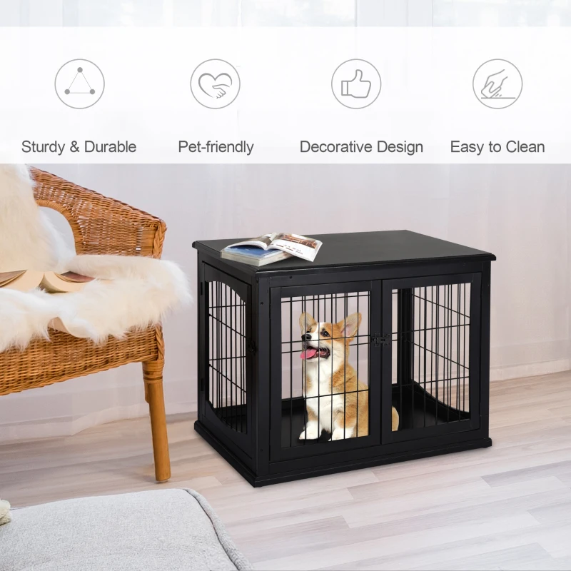 PawHut 26" Wooden Dog Cage with Double Door Entrance & Simple Modern Design, Black