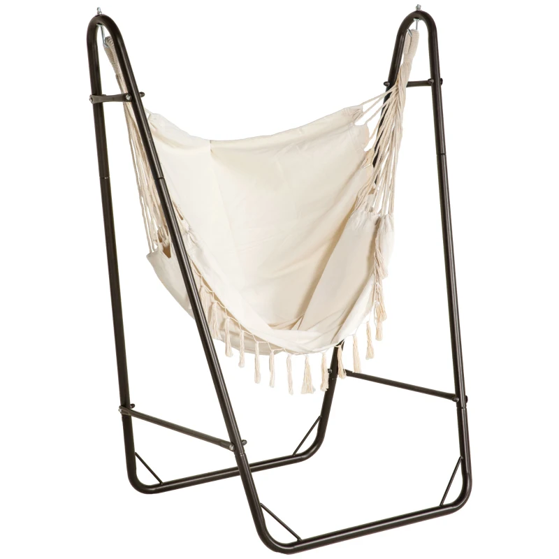 Outsunny Hammock Chair with U Shape Stand, Hammock Swing Chair with A Side Pocket, Brown & Cream White