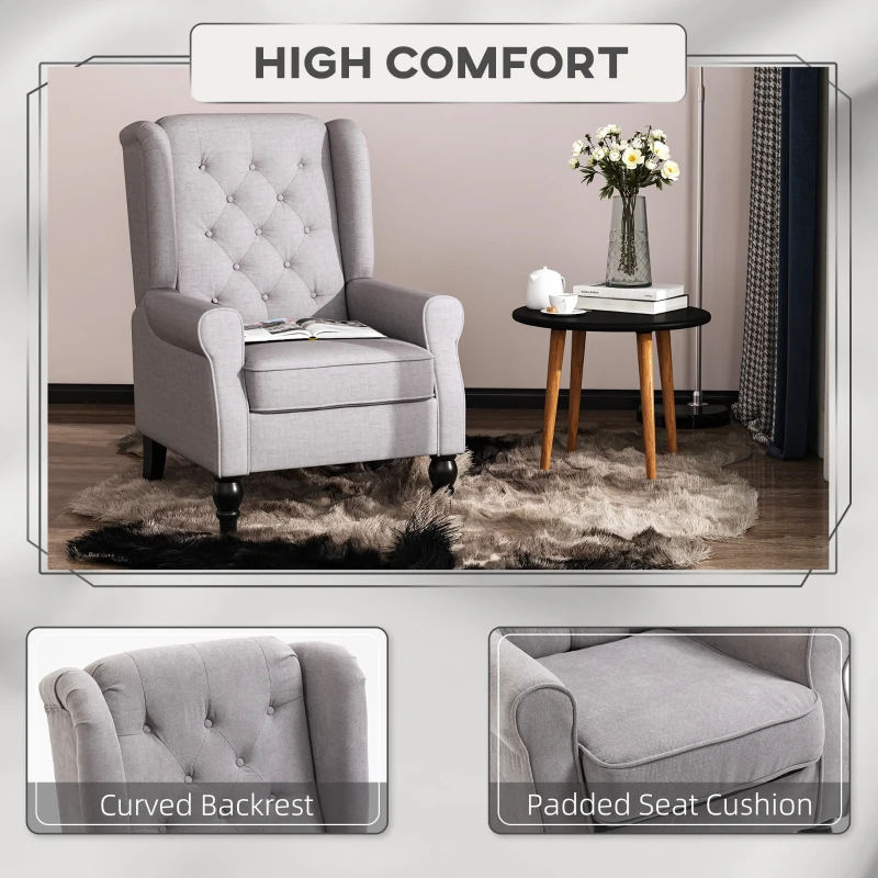 HOMCOM Mid-Century Modern Accent Chair, High Wingback Reading Chair, Button-Tufted Upholstered Fabric Armchair with Retro Wood Legs for Apartment, Living Room, Bedroom, Gray