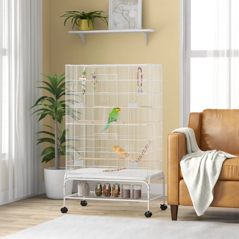 PawHut 52" Bird Cage with Rolling Stand, Toys, for Budgies Canaries White