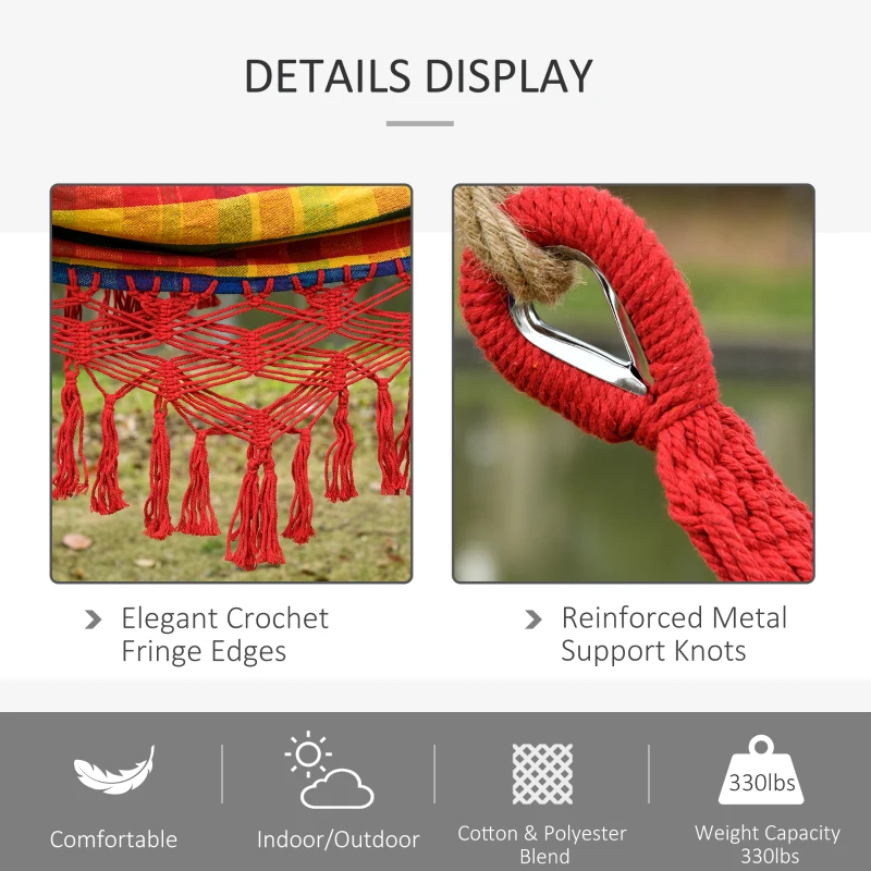 Outsunny Brazilian Style Hammock Extra Large Cotton Hanging Camping Bed with Carrying Bag, for Patio Backyard Poolside, Rainbow Stripe