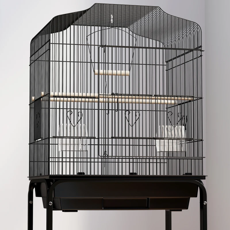 PawHut 49" Rolling Bird Cage Cockatoo House Play Top Finch Pet Supply with Storage Shelf, Wheels - Black