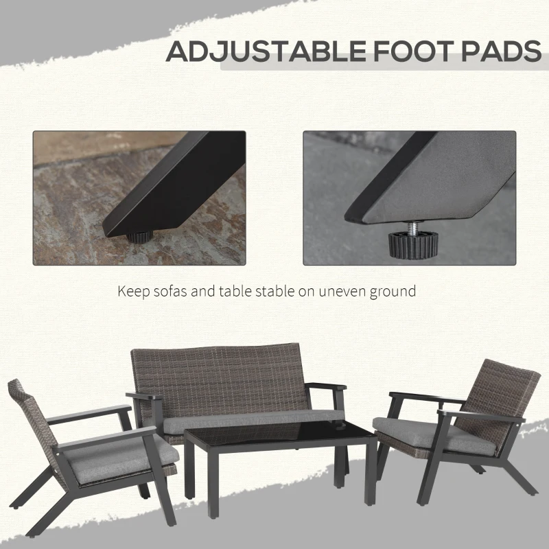 Outsunny 4 Pieces Patio Furniture Set, All Aluminum Frame Outdoor Sofa Set PE Rattan Sofa with 2 Cushioned Sofas, 1 Loveseat and Coffee Table with Tempered Glass Top for Garden, Backyard, Black, Grey