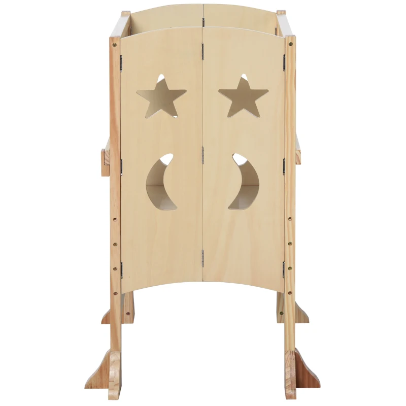 Qaba Folding Toddler Tower, Kitchen Helper Step Stool with Support Handles, Safety Rail and Non-Slip Strips, for Kids Washroom Dining Room Learning, Natural