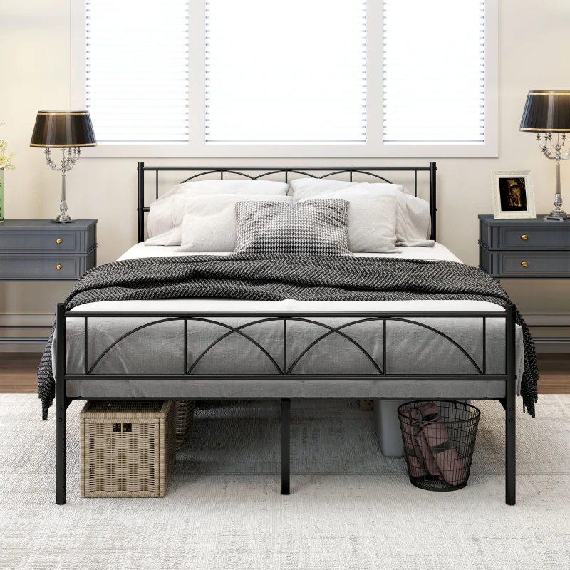 HOMCOM Metal Full Platform Bed Frame with Headboard, Steel Slat Support, Underbed Storage, No Box Spring Needed, Easy Assembly