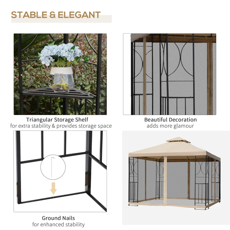 Outsunny 10x10ft Patio Gazebo, Outdoor Double Top Pavilion Canopy, Garden Event Party Tent Shelter, Yard Sun Shade Steel Frame w/ Mosquito Netting and Storage Tray