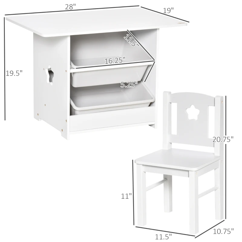 Qaba 3-Piece Kids Table and Chair Set Writing Desk with Storage Boxes Hollow Star Design for Toddler Activities 2-4 Years old, White