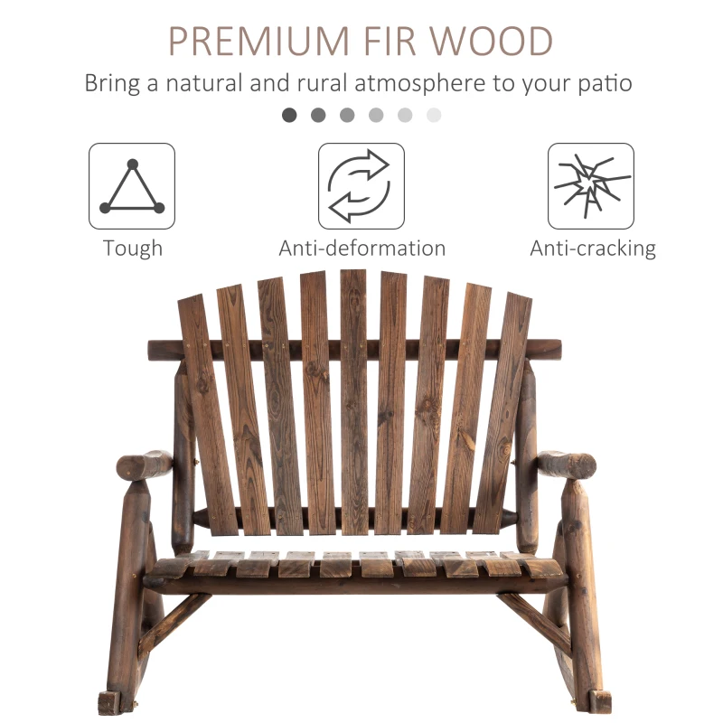Outsunny Outdoor Wooden Rocking Chair, Double-Person Adirondack Rocking Patio Chair with Rustic High Back, Slatted Seat and Backrest for Indoor, Backyard, Garden, Carbonized