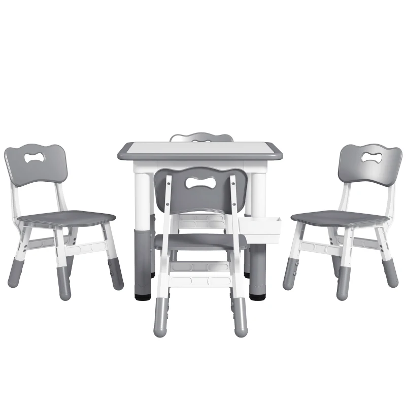 Qaba 5 Pieces Toddler Table and Chair Set, Height Adjustable Activity Table and Chair Set for Nursery Classroom, Grey
