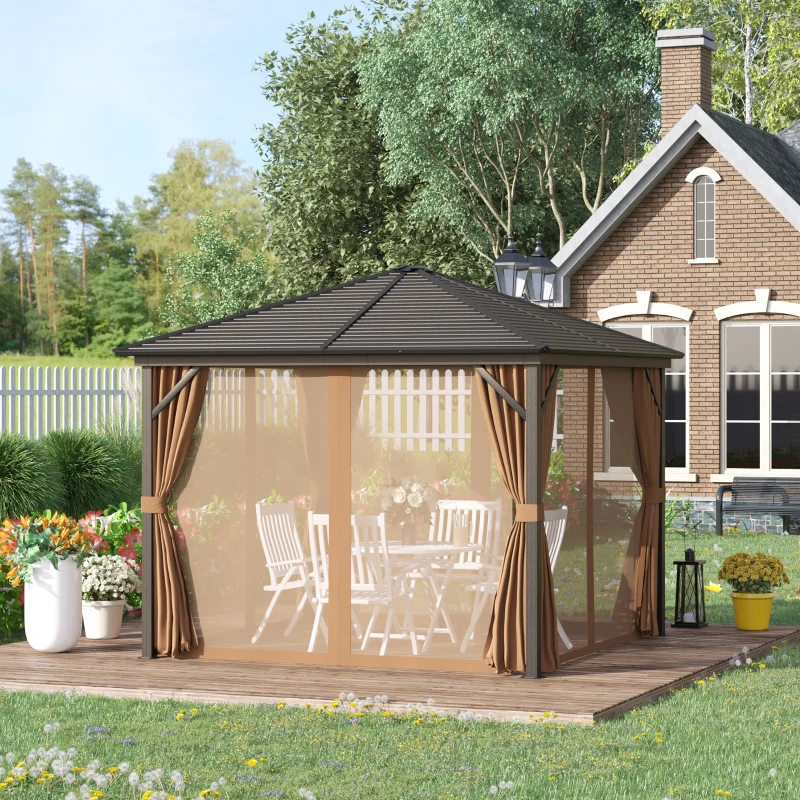 Outsunny 10' x 10' Hardtop Gazebo with Curtains and Netting, Permanent Pavilion Metal Single Roof Gazebo Canopy with Aluminum Frame and Hooks, for Garden, Patio, Backyard, Light Brown