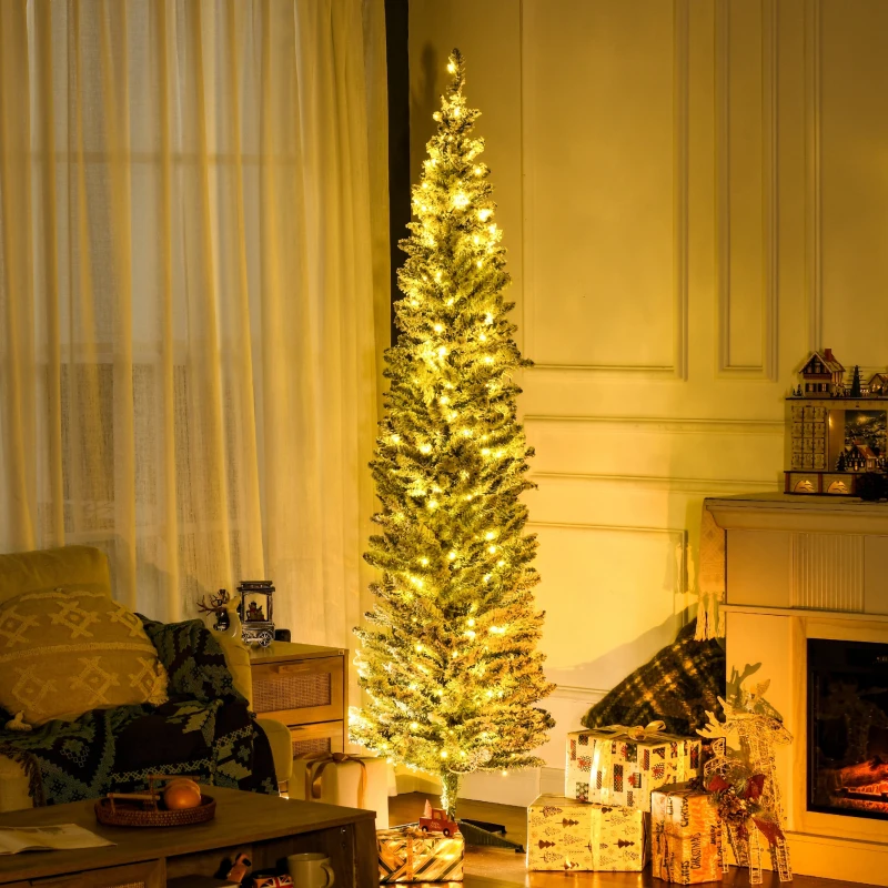 HOMCOM 7ft Pencil Christmas Tree, Slim Artificial Christmas Tree with Realistic Branches and Warm White LED Lights, Green