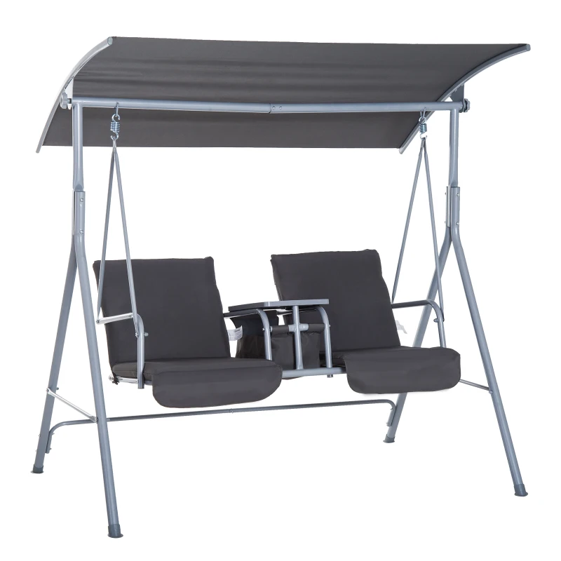 Outsunny Double Outdoor Swing Chair 2 Person Covered Swing Porch Swing w/ Pivot Table & Storage Console, Grey
